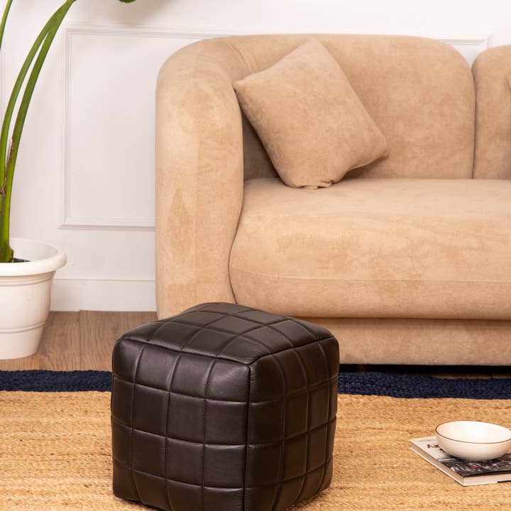 BBH Homes LLC - Wholesale Pouf - Geometric Handmade Goat Leather Square Pouf Black Color BBH