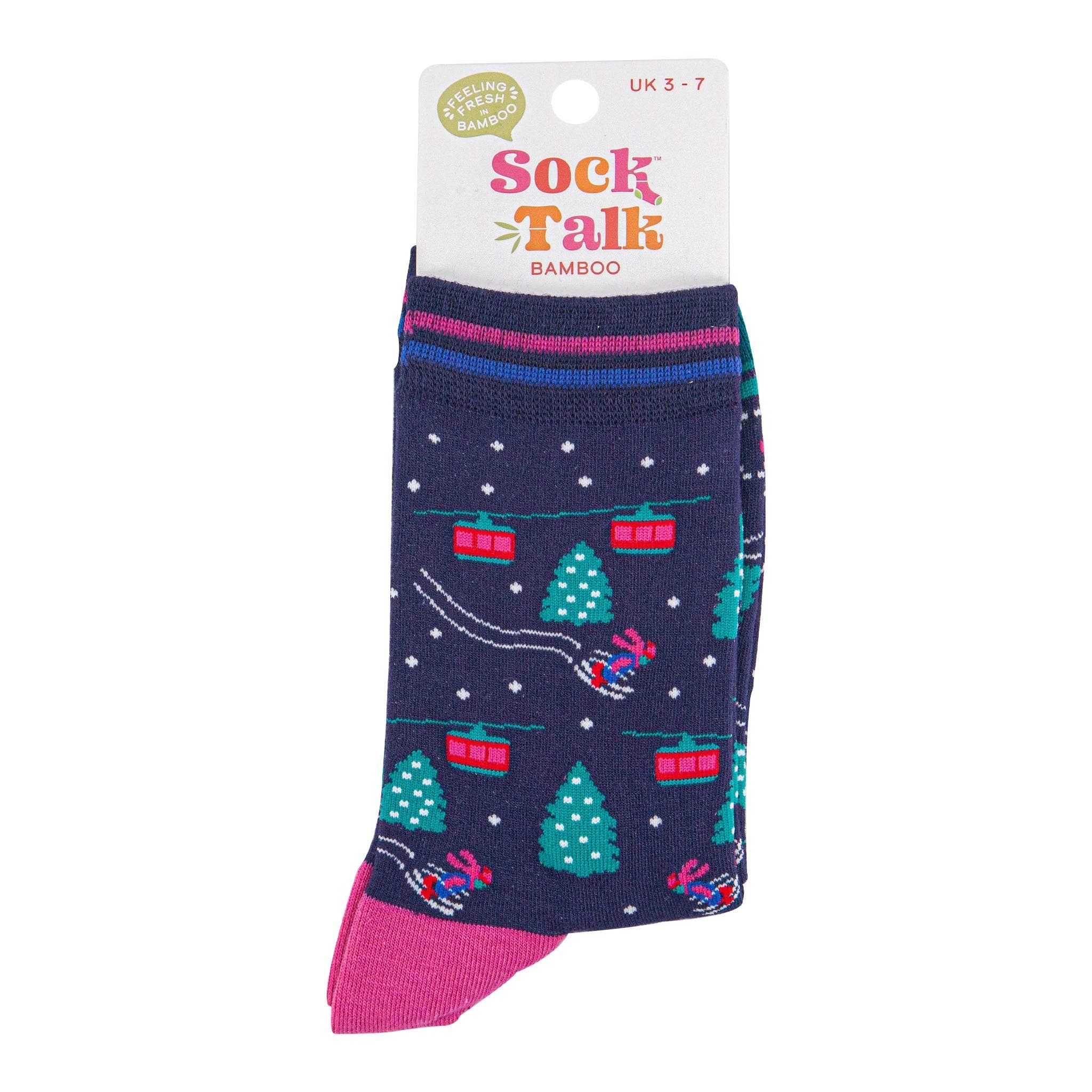 Sock Talk - Wholesale Socks - Women's - Women's Bamboo Socks - Navy Blue/Green, Cable Cars and Trees3