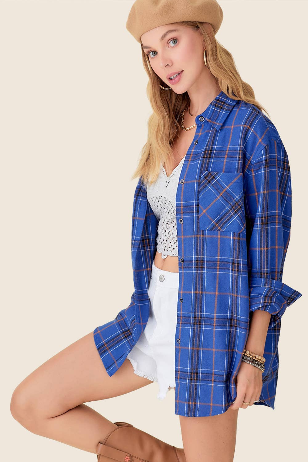 La Miel - Wholesale Button Down Shirt - Women's - SRT1312-Loose Fit Button Down Soft Fabric Plaid Shirts13