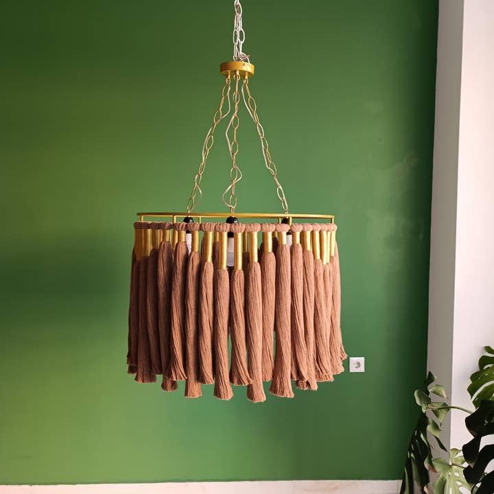 Joy's Arts - Wholesale Chandelier/Hanging Light - Boho Cotton Fringe Chandelier - Macrame Pendant Light, Nursery & Living Room Ceiling Lamp, Gold Accents3