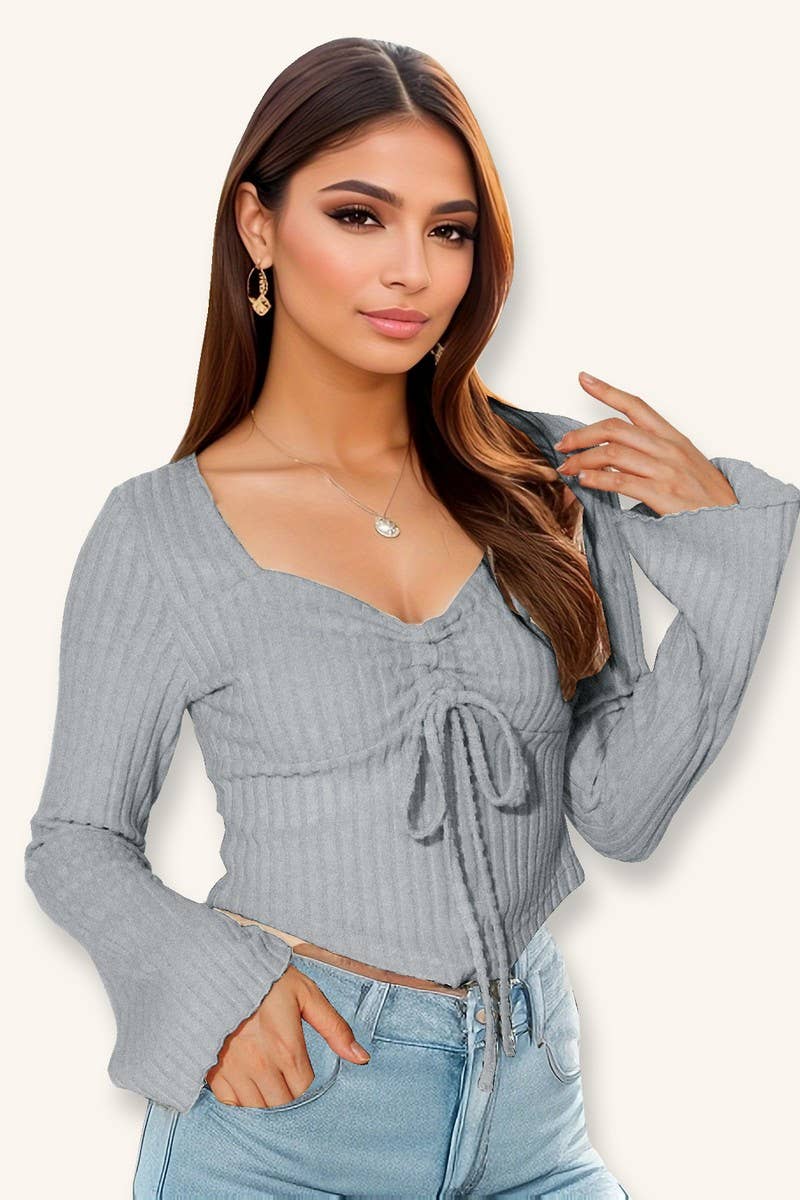NINEXIS - Wholesale Blouse - Women's - CWTBLL3790_V NECK DRAWSTRING FLARE SLEEVE CROP TOP4