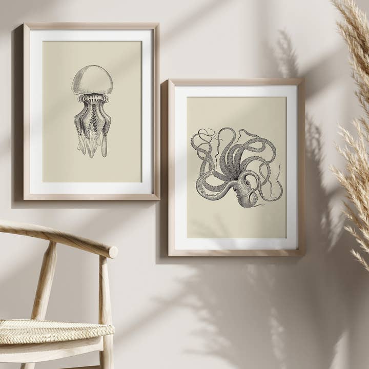 Set of 2 Vintage Octopus Wall Art Prints for wholesale by Vintage Wall Graphics