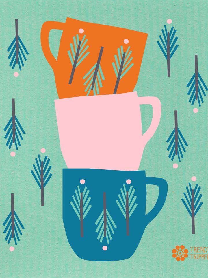 RETRO CUPS schwedisches Geschirrtuch auf Grün, Orange/Rosa, Kobaltblau für den Großhandel von Trendy Tripper