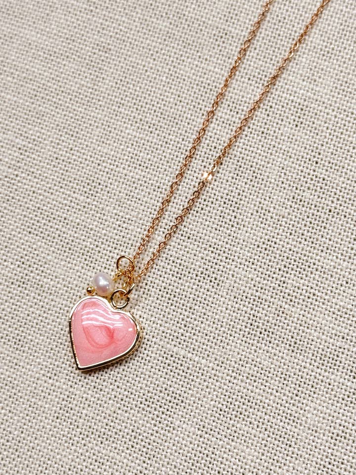 Pink Love Heart & Pearl Charm Necklace for wholesale by Gracie Rose Designs