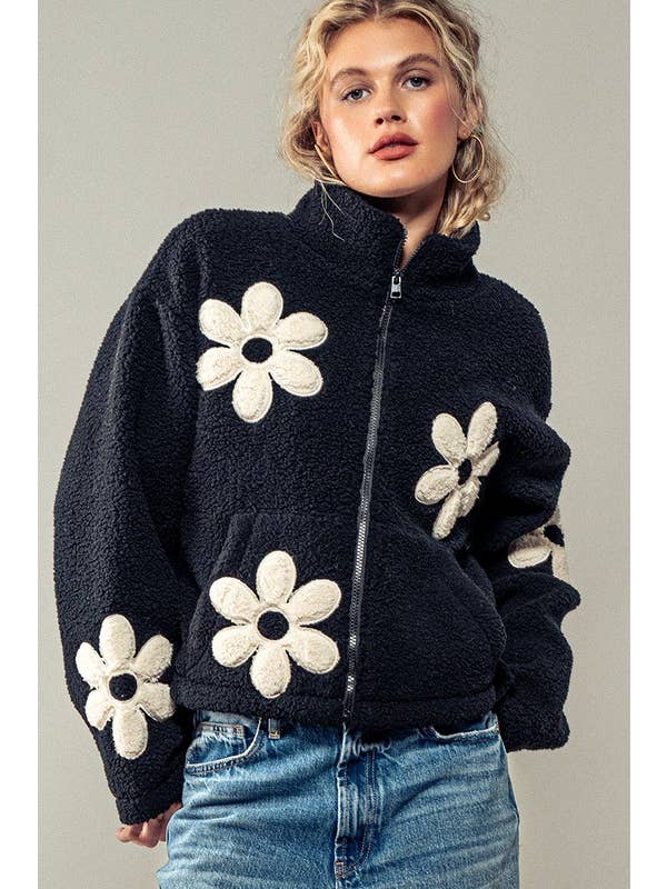 Urban Daizy - Wholesale Jacket - Women's - Playful Floral Fleece Zip Up Collared Jacket