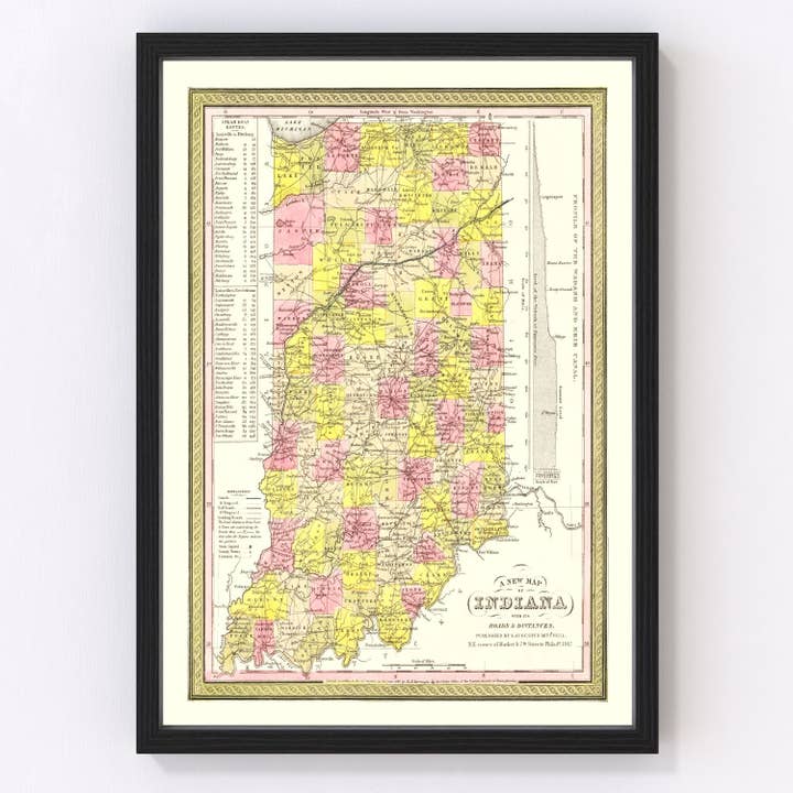 Vintage Map of Indiana 1847 for wholesale by Ted's Vintage Art