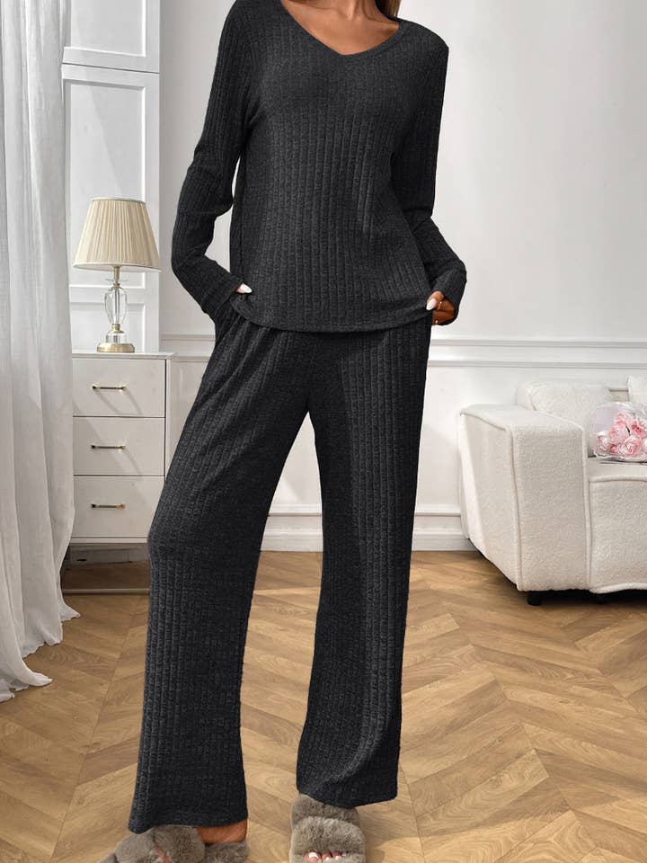 Lovesoft - Wholesale Lounge Set - Women's - Ribbed Knit Lounge Set with V Neck and Wide Pants1