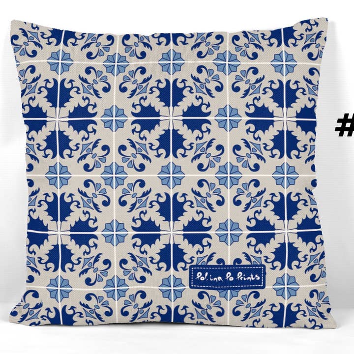 Portugiesische Azulejos Kissenbezug mit blauem und orangem Muster für den Großhandel von Polina Po Prints