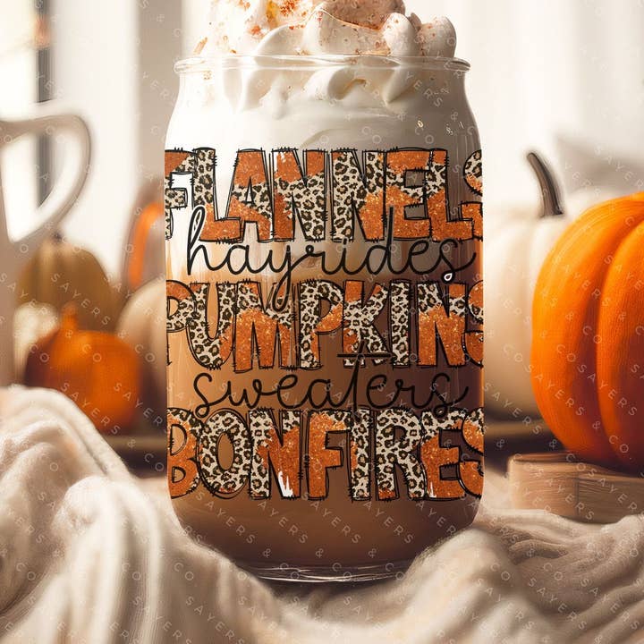 16oz Fall Design Glass Cup with Bamboo Lid & Straw #100158 for wholesale by Sayers & Co.