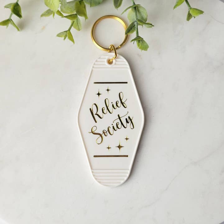 Relief Society White Retro Keychain for wholesale by Ivy Lee