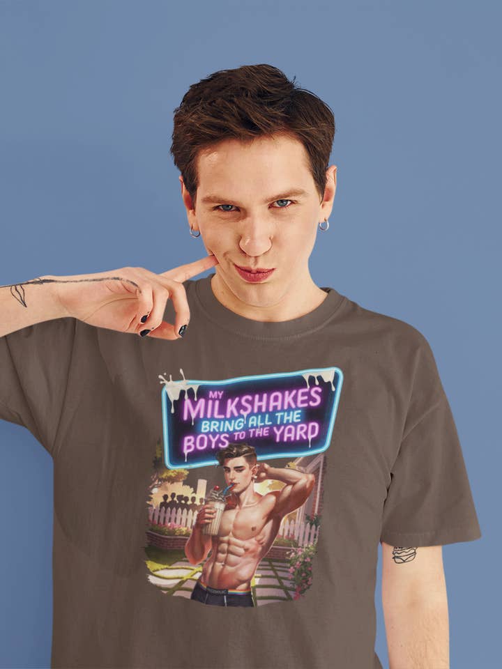 Brown My Milkshakes Bring All the Boys to the Yard LGBTQ Pride Tee for wholesale on Faire
