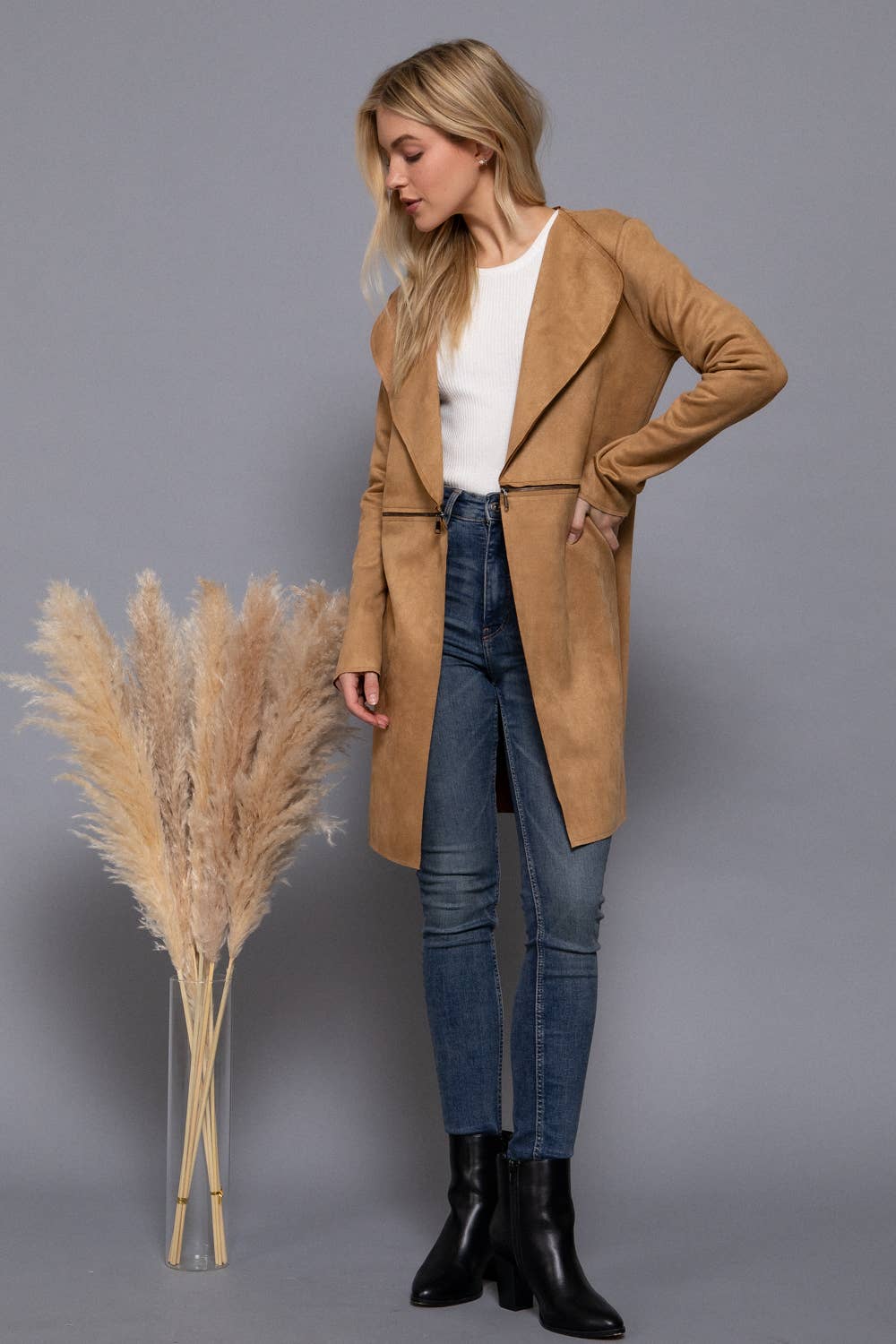 Active Basic | Active USA - Wholesale Jacket - Women's - Long Sleeve Front Two Zipper Detail Faux Suede Long Jacket15