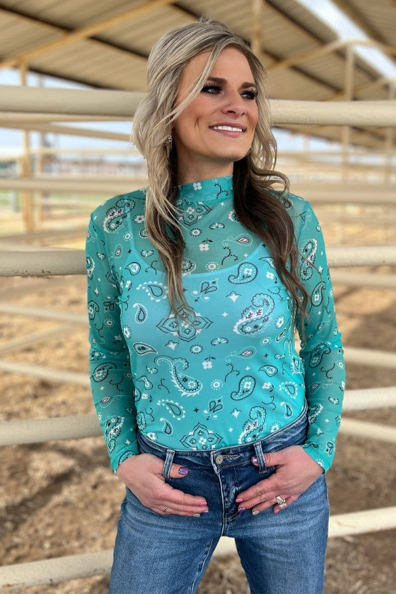 Sterling Kreek - Wholesale Blouse - Women's - Bandana Babe Mesh Top Turquoise7