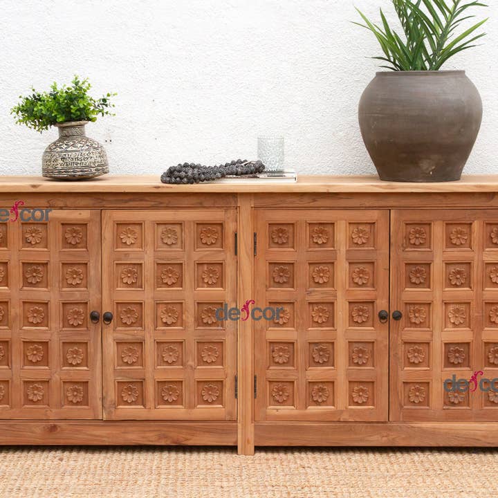 80" Long Reclaimed Teak Lotus Flower Credenza for wholesale by De-cor