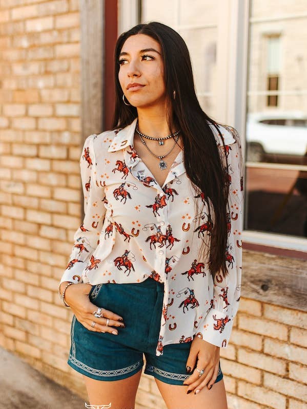 Cream Horse Chiffon Button Down Pearl Snap Collared Shirt for wholesale by LUCKY & BLESSED