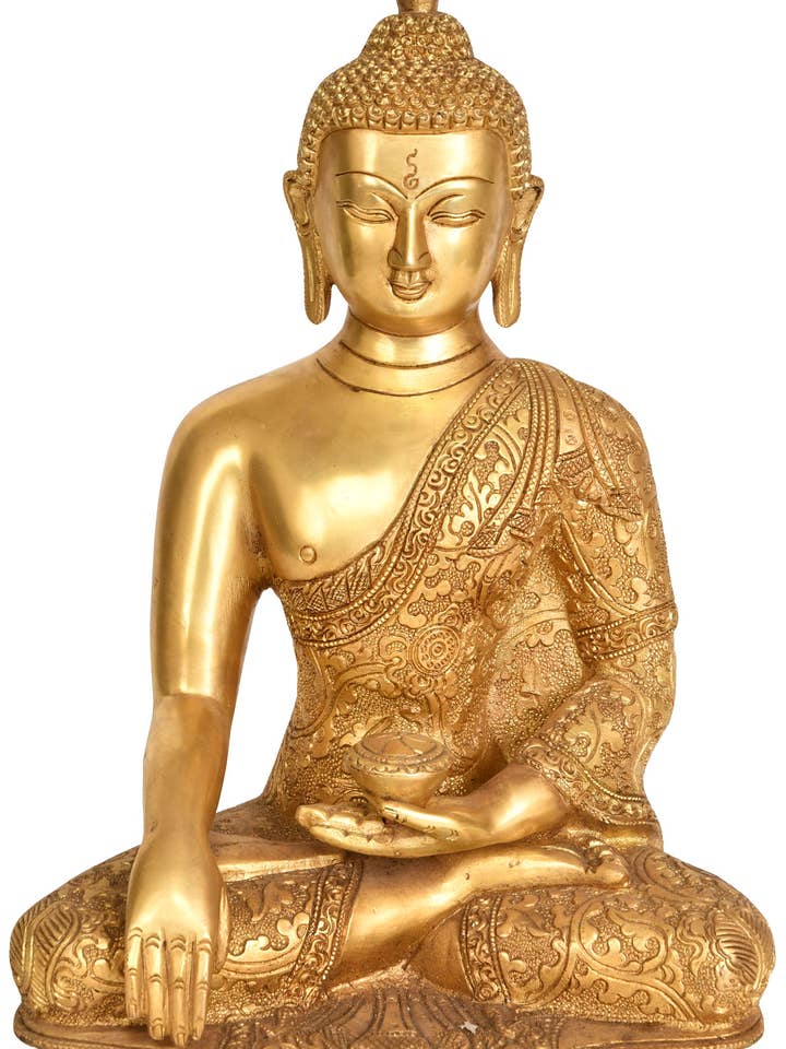 Bouddha en Bhumisparsha Mudra avec des robes superfines décorées pour la vente par Exotic India Art