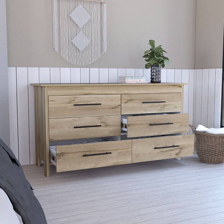 Treevol Furniture - Wholesale Bedroom Furniture - Wezz 6 Drawer Double Dresser, Superior Top, Light Oak Finish