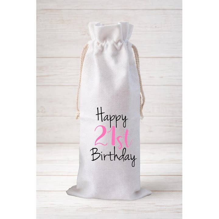 Joyeux 21e anniversaire, sac cadeau pour bouteille de vin – sac en toile réutilisable avec cordon de serrage pour la vente par Moman Sales, Inc.