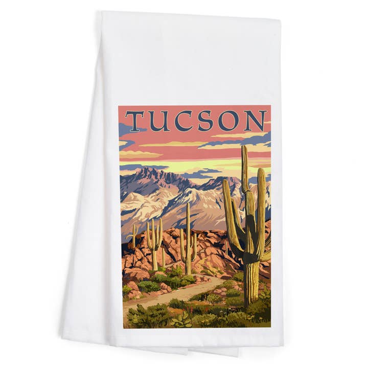 ORGANIC TEA TOWEL Tucson, Arizona, Desert Cactus Trail for wholesale by Lantern Press