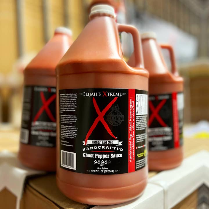 Xtreme Ghost Pepper Hot Sauce Gallon (128oz) for wholesale by Elijah's Xtreme Gourmet Sauces