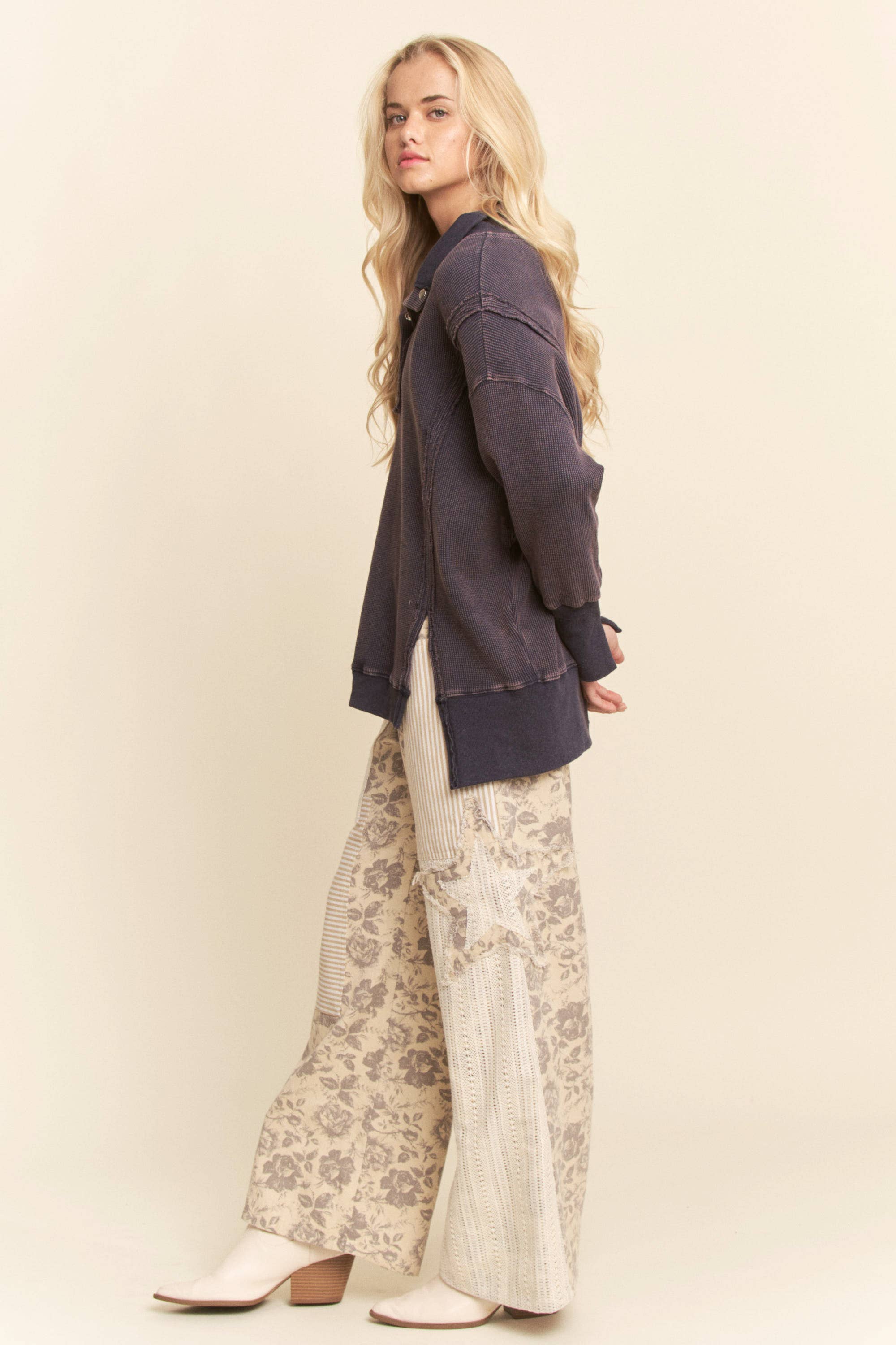 NATURAL D GREY PLUS FLORAL STAR PATCH DETAIL WASHED PANTS for wholesale on Faire4