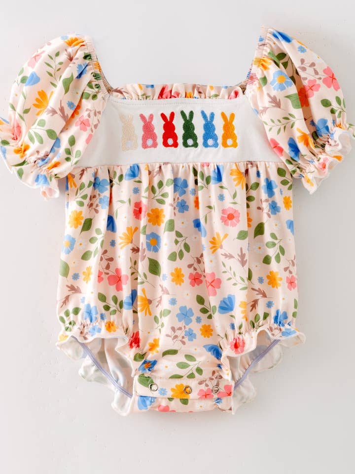 Pastel Bunny Garden Embroidered Infant Easter Romper for wholesale by The Hair Bow Company