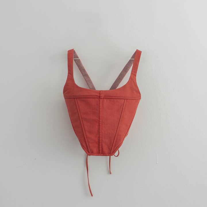 Red denim victorian corset reworked Pre-Order for wholesale by MARIA JOVREA