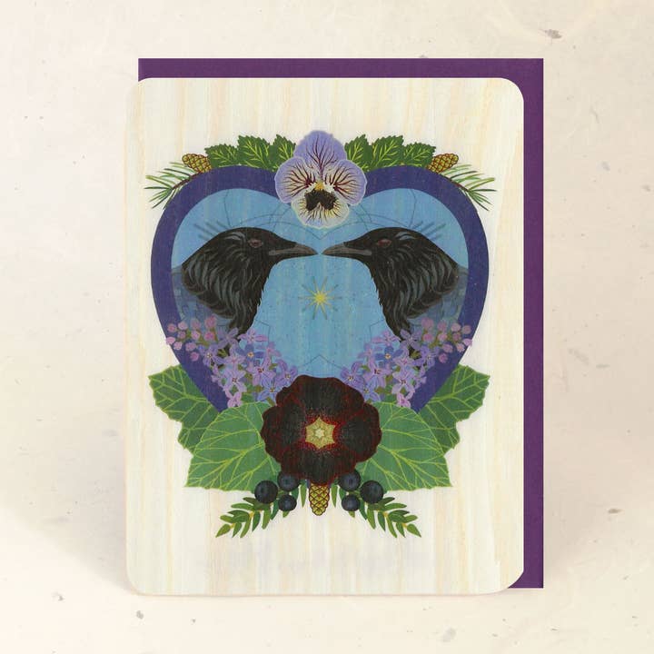 Crow Heart Wood Greeting Card for wholesale by Little Gold Fox Designs