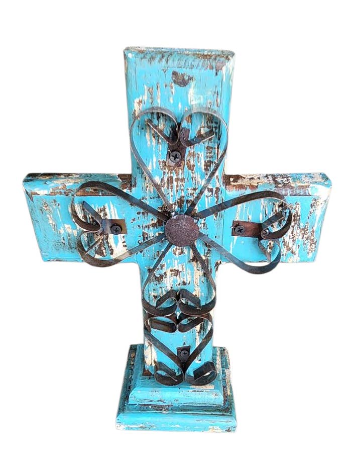 Turquoise cross on stand for wholesale by Luises Perez Imports LLC
