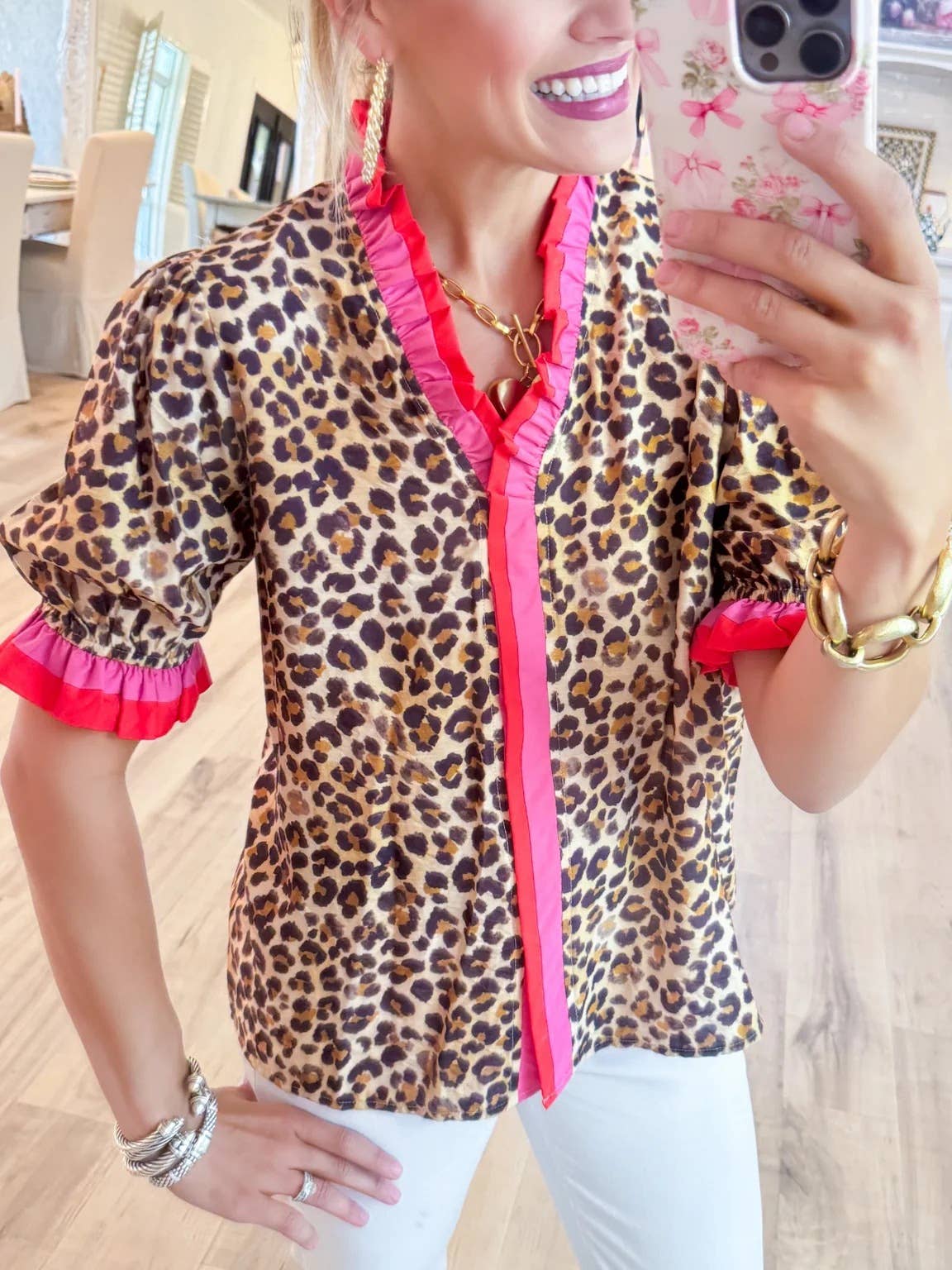 Leo Elegance Ruffle frilled Leopard print blouse short sleeve for wholesale on Faire