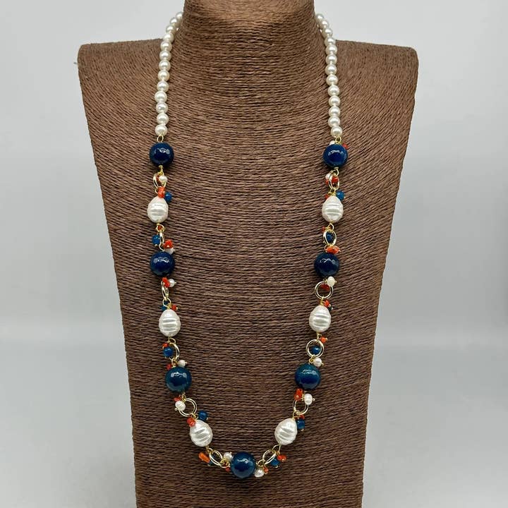 Handmade Necklace: Blue Stones, Coral and White Pearls and other Purchase Wholesale perle e pietre. Free Returns & Net 60 Terms on Faire trending on Faire.