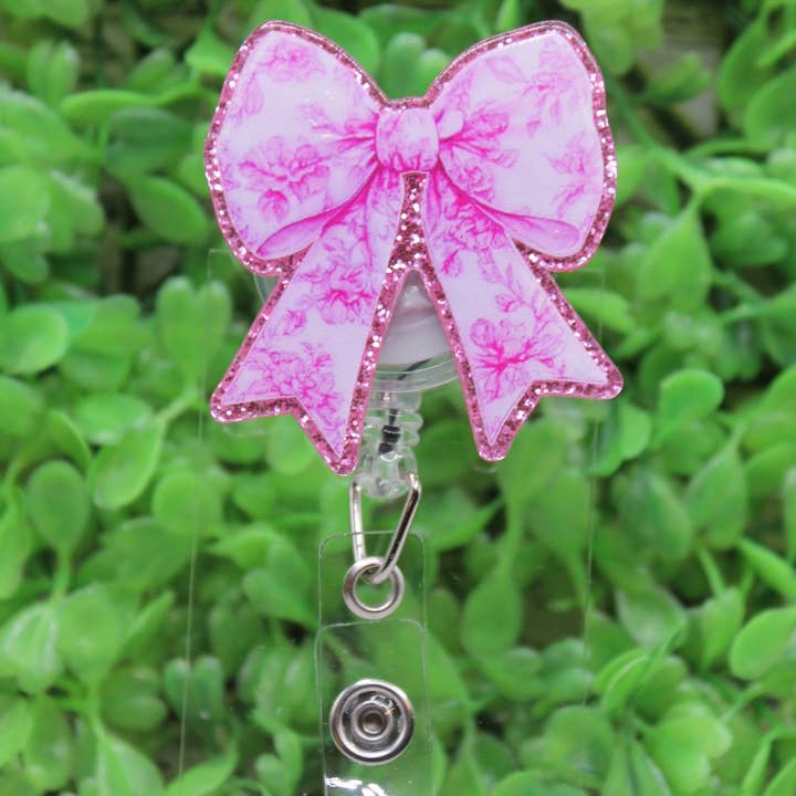 Pink Floral Bow Badge Reel for wholesale by Hylidae Boutique