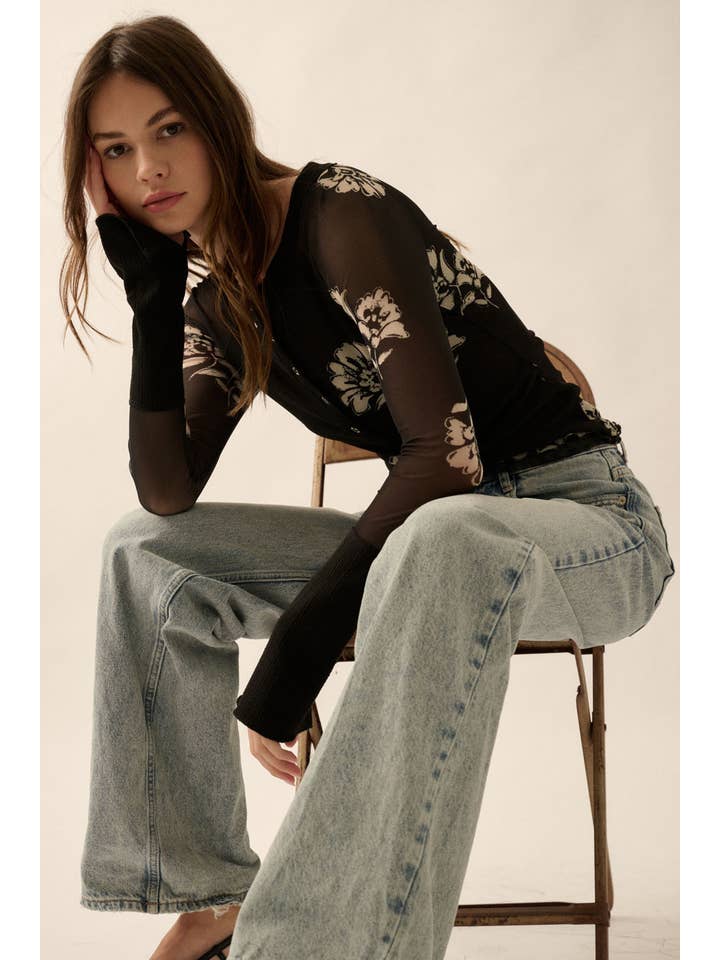 Black Floral-Print Mesh Raglan-Sleeve Henley Top for wholesale on Faire