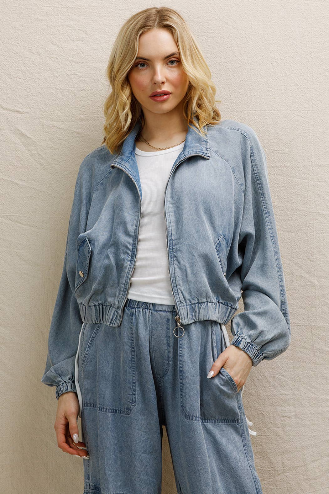 Light Denim Cropped Elastic Waistband Tencel Bomber Jacket for wholesale on Faire