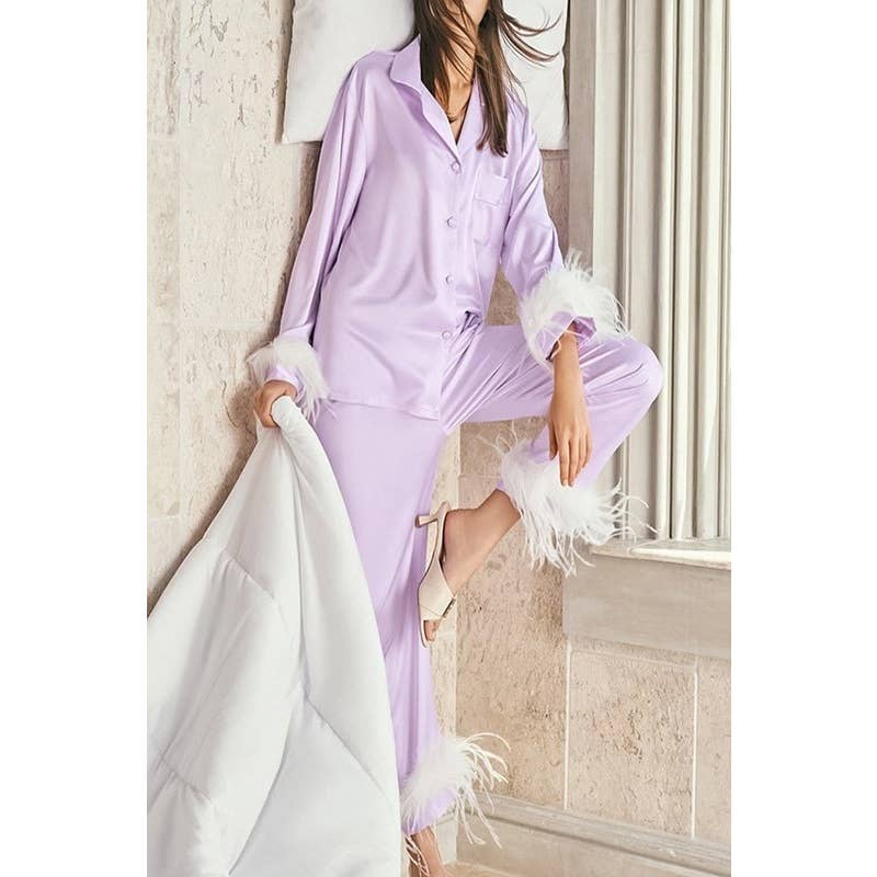 Paperdoll - Vente Haut et bas de pyjama – femme - Ensemble de pyjama Fashion en plumes d'autruche6