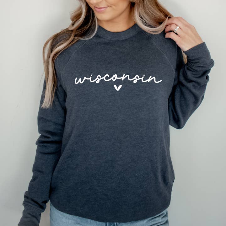Autumn Rose Co. - Wholesale Graphic Sweatshirt - Women's - Wisconsin Heart Sweatshirt, Women Wisconsin Crewneck, WI0