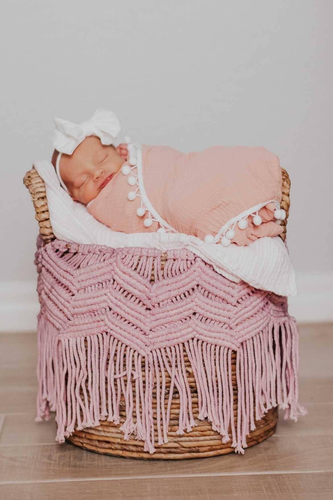 Harp Angel Boutique - Wholesale Swaddle - Baby - Dusty Pink Pom Muslin Swaddle Blanket3