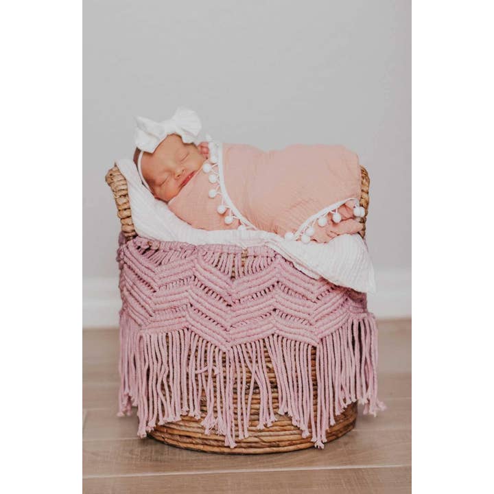 Harp Angel Boutique - Wholesale Swaddle - Baby - Dusty Pink Pom Muslin Swaddle Blanket3