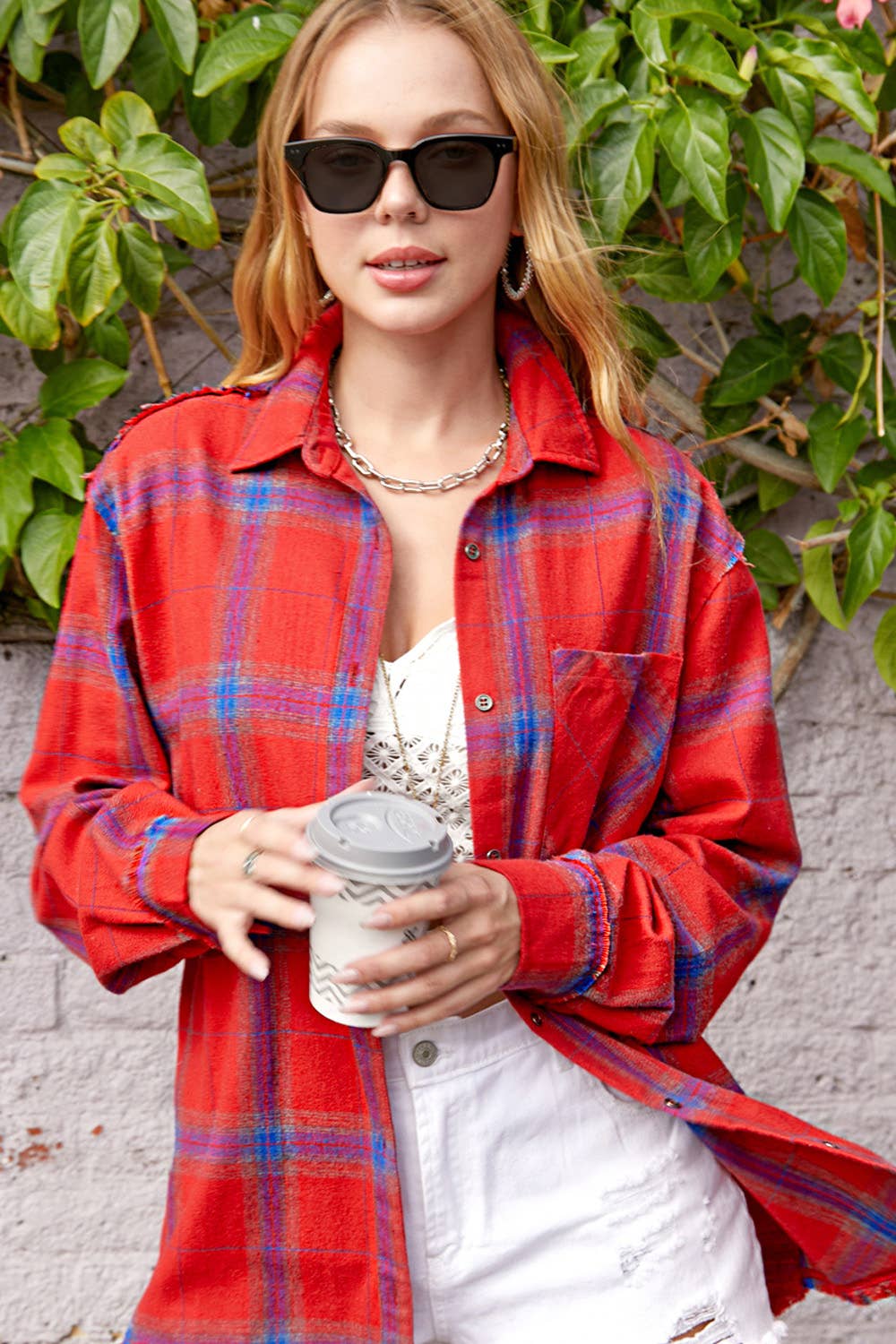 La Miel - Wholesale Button Down Shirt - Women's - SRT1372-Loose Fit Button Down Cut Edge Detailed Plaid Shirts15