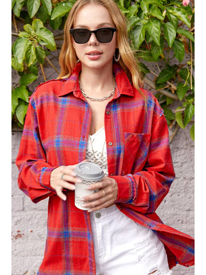 La Miel - Wholesale Button Down Shirt - Women's - SRT1372-Loose Fit Button Down Cut Edge Detailed Plaid Shirts15