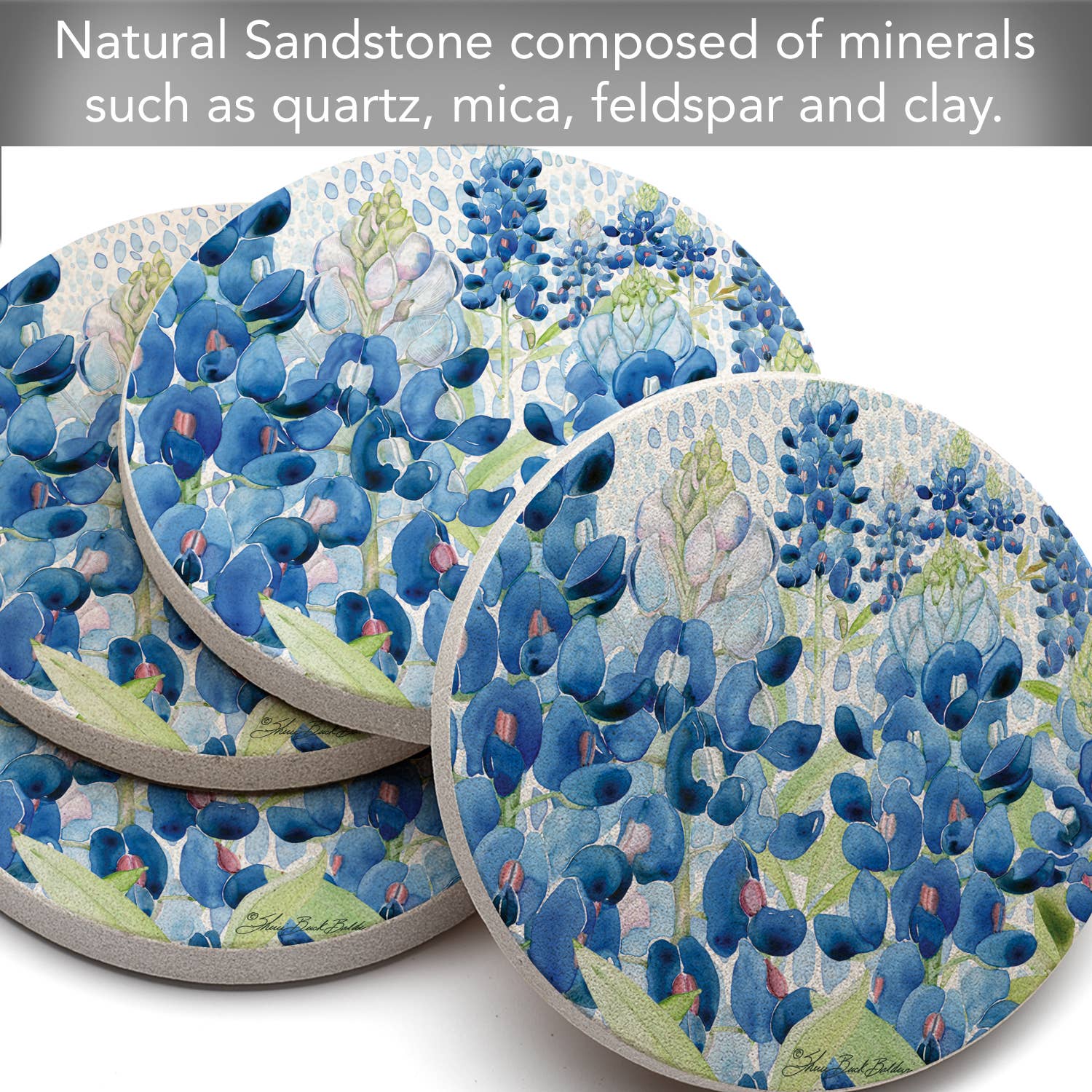 CounterArt/Highland Home/Thirstystone – wholesale Underlägg – ”Bluebonnet Field” 4pk rund naturlig sandstensunderlägg4