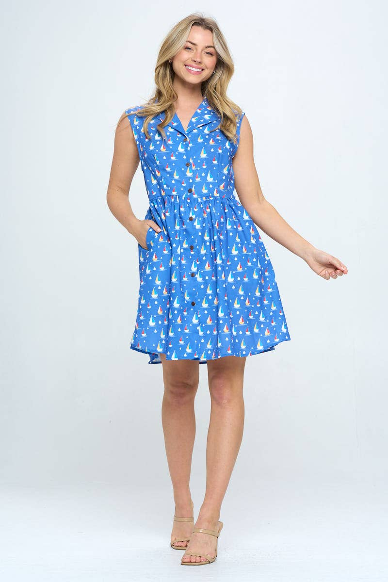SM WARDROBE - Wholesale Dress - Women's - ALL OVER SAIL BOATS PRINT DRESS WITH POCKETS1