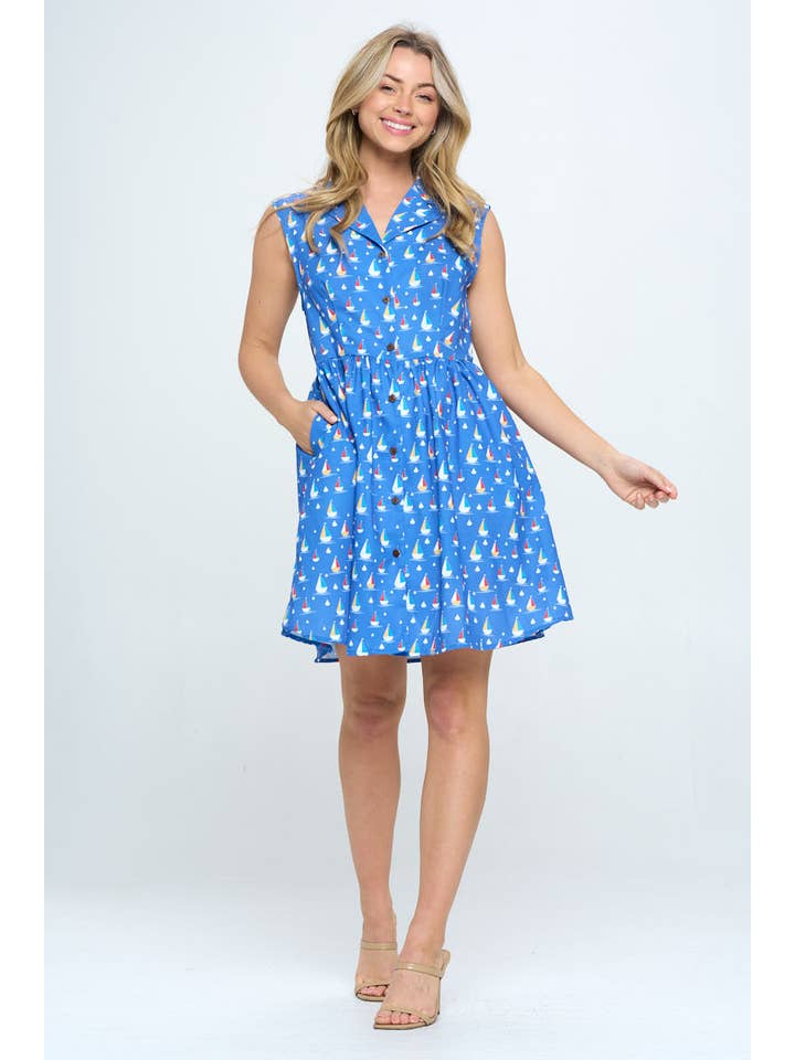 SM WARDROBE - Wholesale Dress - Women's - ALL OVER SAIL BOATS PRINT DRESS WITH POCKETS1