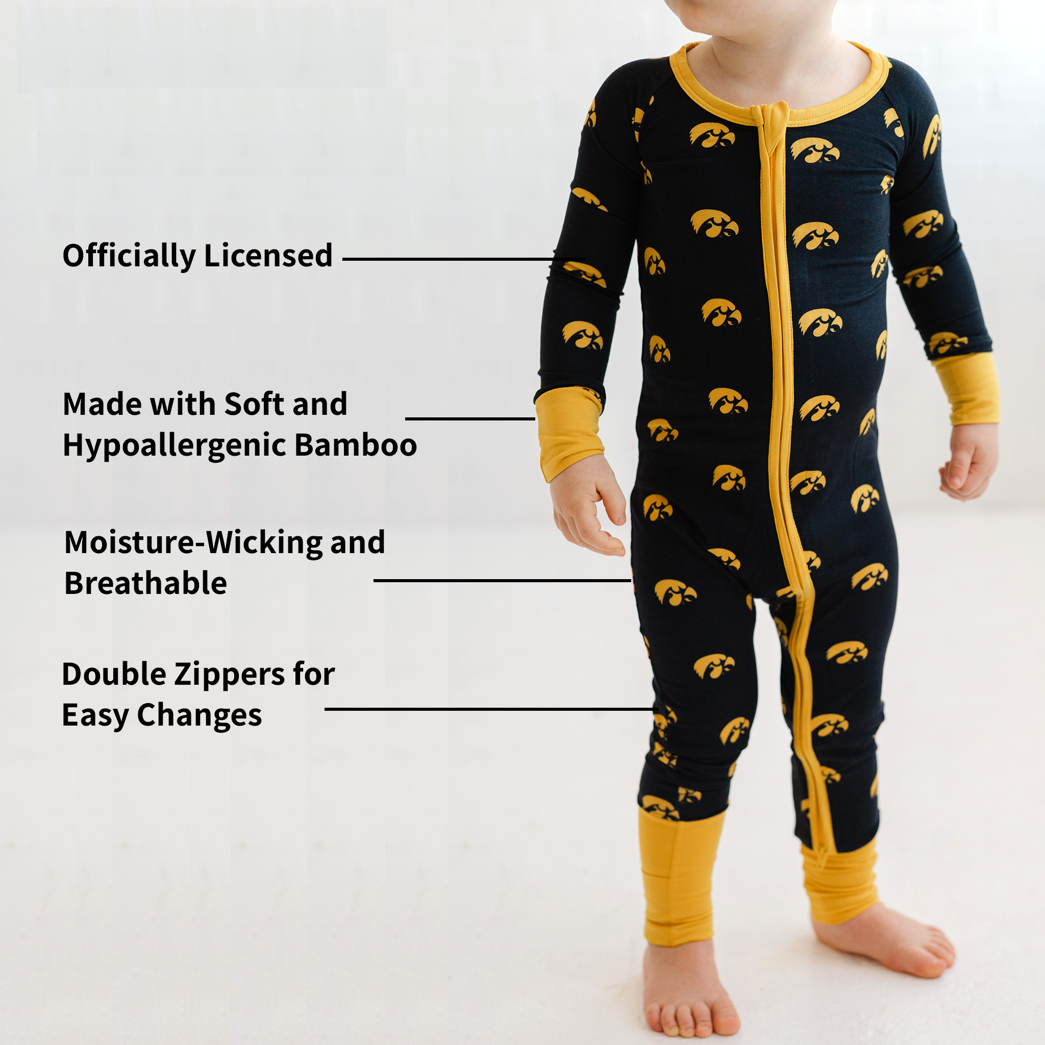 Tailgate Tikes - Wholesale Jumpsuit - Baby - Iowa Hawkeyes Double Zipper Onesie1