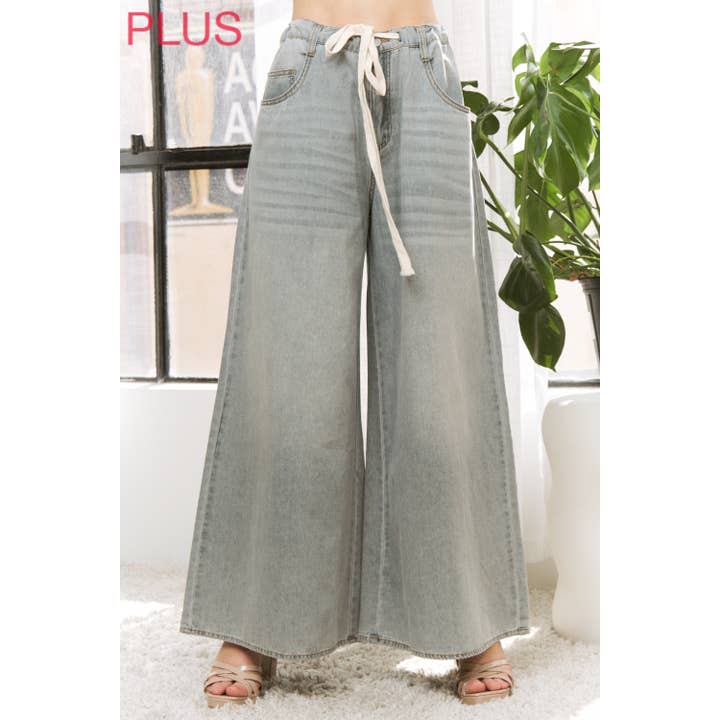 PLUS DENIM WIDE LEG OPENING PANTS WITH DRAWSTRING for wholesale on Faire5