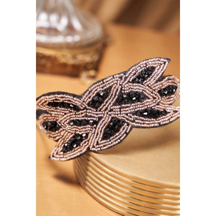 Dark Gold Black Embroidered Crystal Leaf Headband for wholesale on Faire