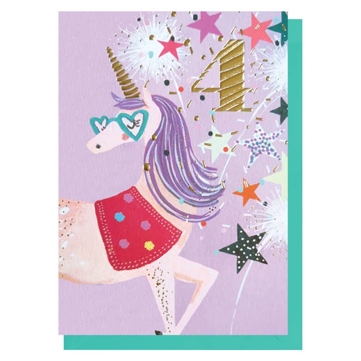 Age 4 | Unicorn Birthday Card | Milestone Age | Kids Cards for wholesale by Louise Tiler