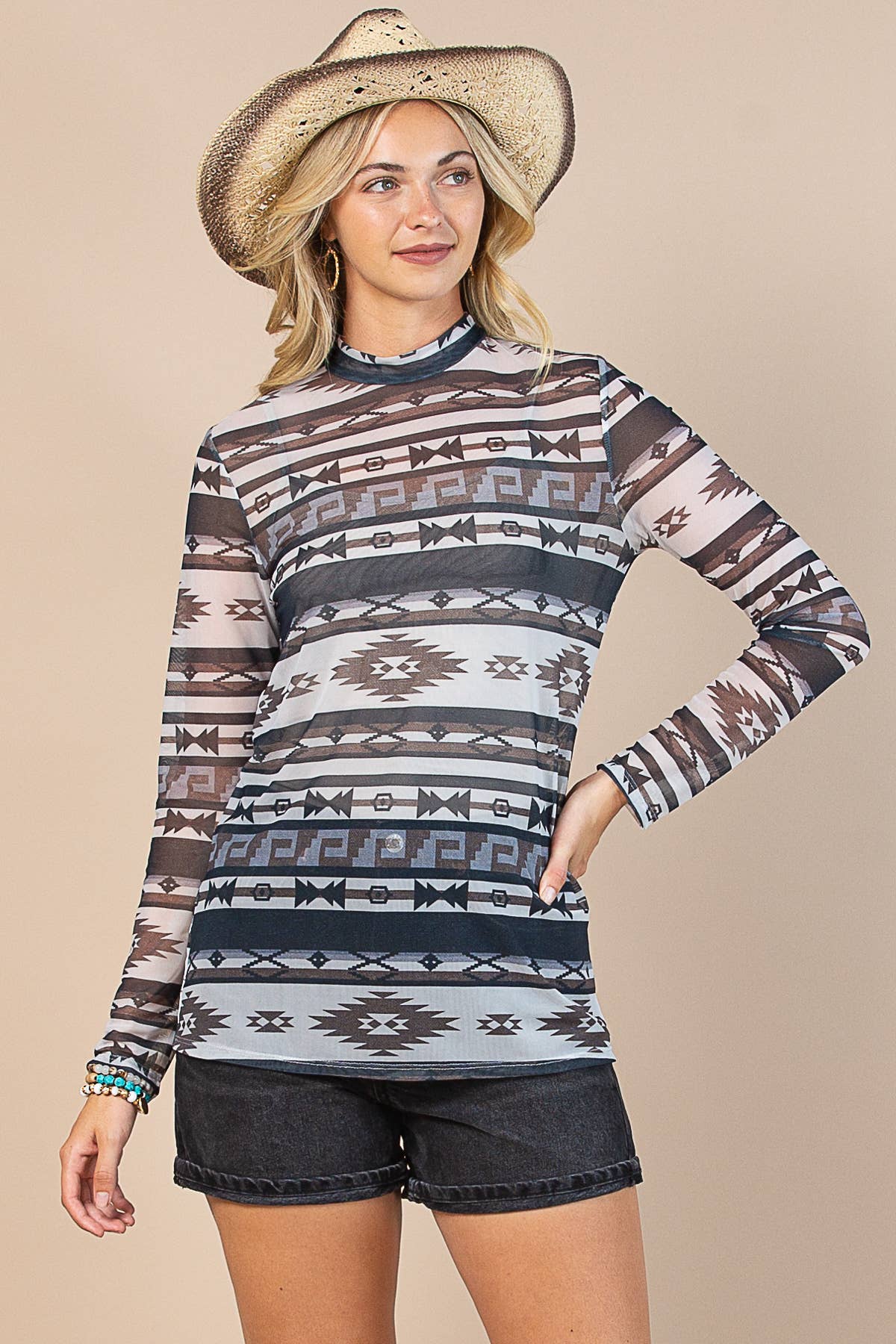 MOCHA CHARCOAL AV1230-BILLIE AZTEC PRINT SEMI SHEER MESH TOP for wholesale on Faire4