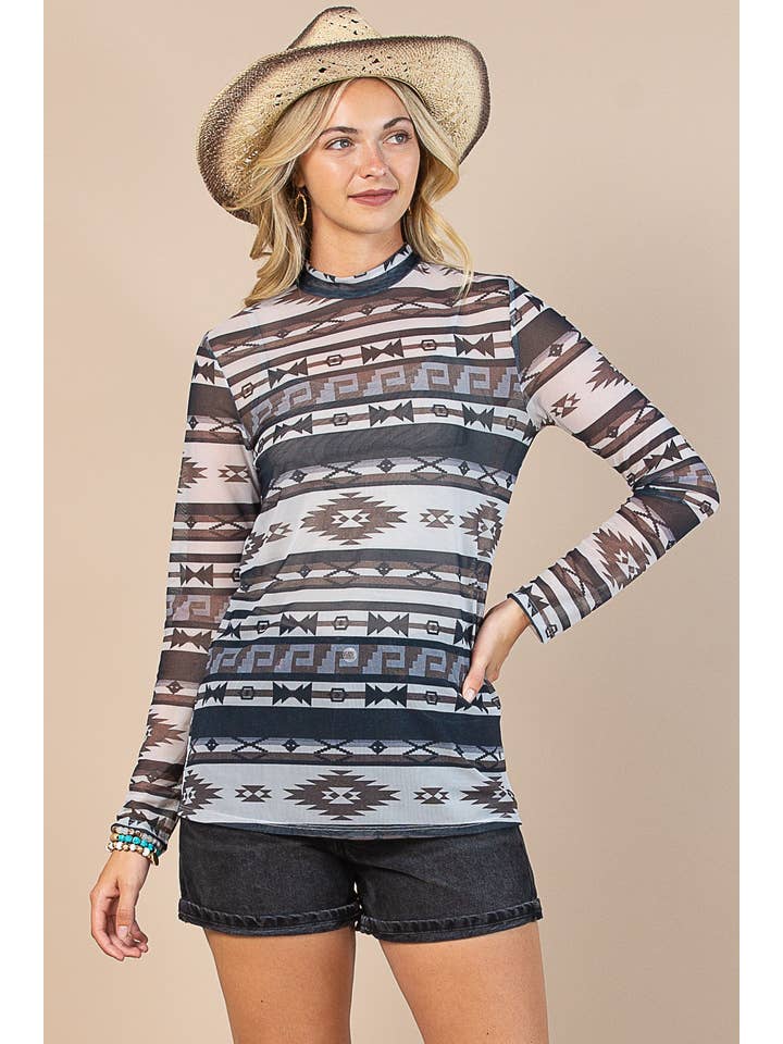 MOCHA/CHARBON DE BOIS HAUT EN MAILLE SEMI-TRANSPARENTE À IMPRIMÉ AZTÈQUE AV1230-BILLIE en vente sur Faire4