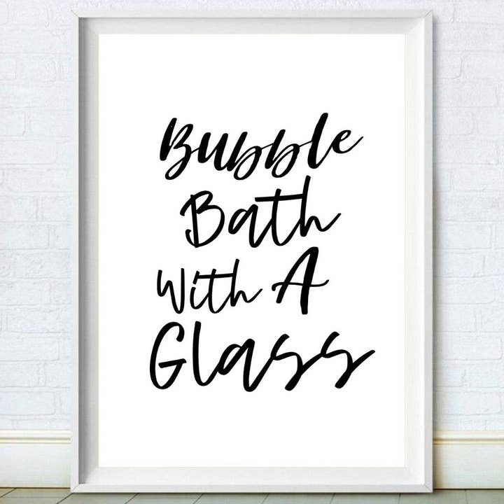 Bubble Bath with A Glass Black and White Bathroom Print for wholesale by Moonshine Prints